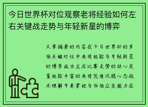 今日世界杯对位观察老将经验如何左右关键战走势与年轻新星的博弈